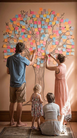 Mother, father and children painting a tree with colorful post it notes