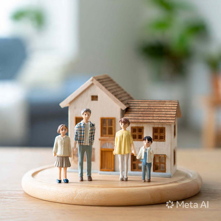 Miniature people: family standing with house model on wooden background.
