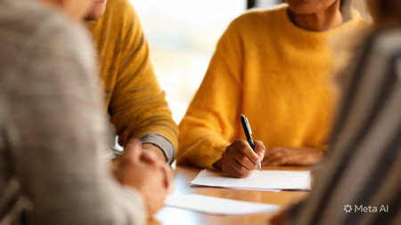 close up of group of people writing in notebook at table in office