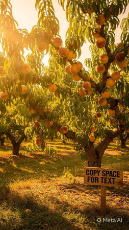 Peach tree with ripe peaches in orchard in sunny day