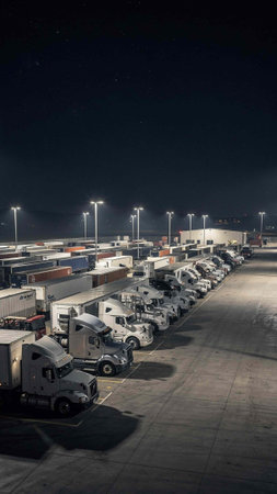 Cargo terminal at night, loading and unloading of trucks.