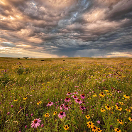 Sunset over a meadow with wildflowers and storm clouds