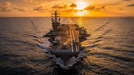 Aerial view of a USS Midway aircraft carrier at sunset.
