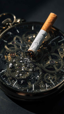Cigarette in the pocket of the clock. Stop smoking concept