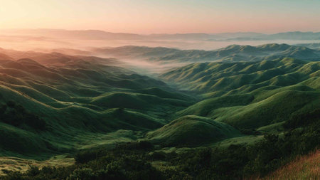 Mountain landscape at sunrise. Panoramic view of green hills and meadows