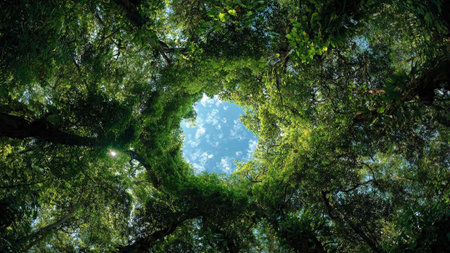 Looking up through the canopy of a tree in the rainforest.