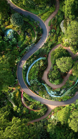 Aerial view of a winding road in the park. Top view