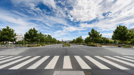 Zebra crossing in the middle of the city, panoramic view