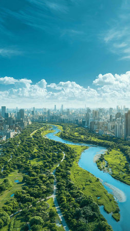 Aerial view of a city in China with a river flowing through a green park area, surrounded by modern skyscrapers and buildings.