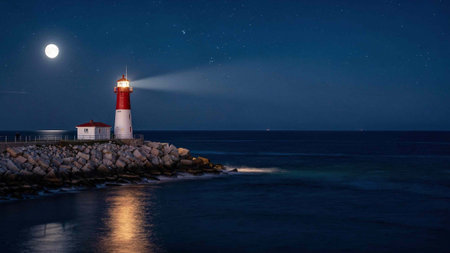 Lighthouse at night with full moon and starry sky. Long exposure