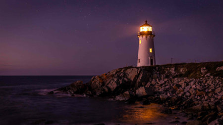 Lighthouse at night with starry sky and sea on the background