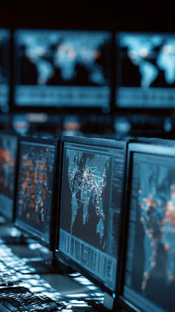 Computer monitors with a map of the world and a network of connections