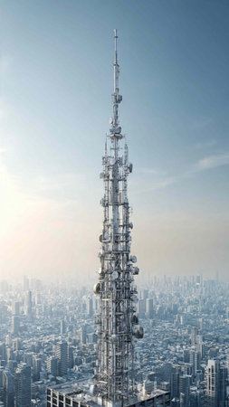 Telecommunication tower with cityscape in the background. 3d rendering