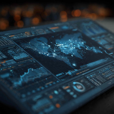Futuristic world map on a computer screen. 3d rendering