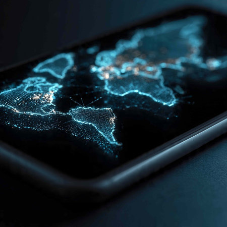 Smartphone with digital world map on dark background. 3D Rendering