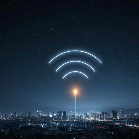 Wifi signal on the city at night. Internet connection concept.