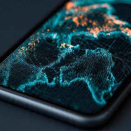 Futuristic world map on a smartphone, close-up.