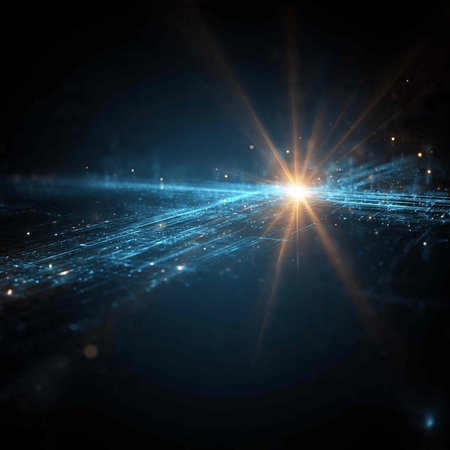abstract scene with lens flare and rays of light on a dark background
