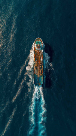 Aerial view of a cargo ship sailing in the blue sea.