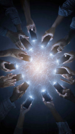 Digital composite of Hands holding smartphones and connection structure against blue background 3d