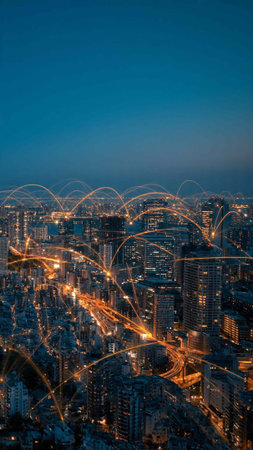 Aerial view of Hong Kong city skyline at night, China.