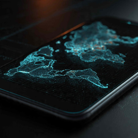 Smartphone with glowing map of the world on dark background. Global network concept