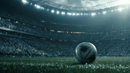 3d rendering of a football ball on the grass in the stadium
