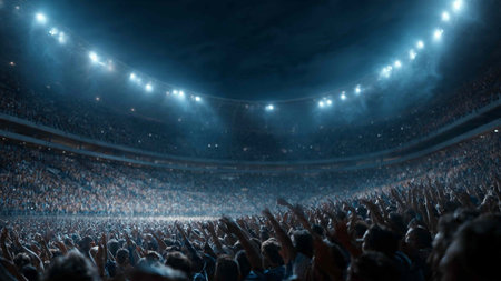 Crowd of people at a soccer or football stadium at night.