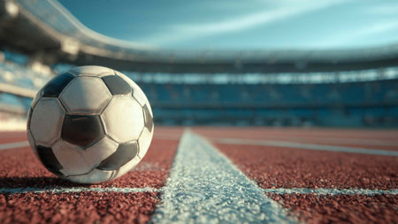 Soccer ball on the stadium track. 3d render illustration.