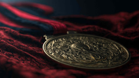 Medal on a red velvet background. Close-up shot.