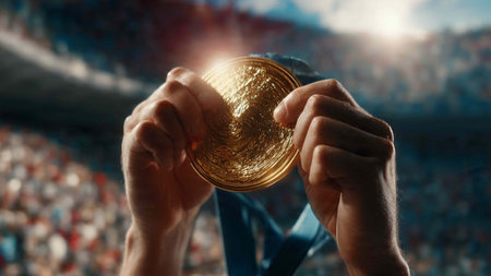 Close-up of male hands holding gold medal on blurred stadium background