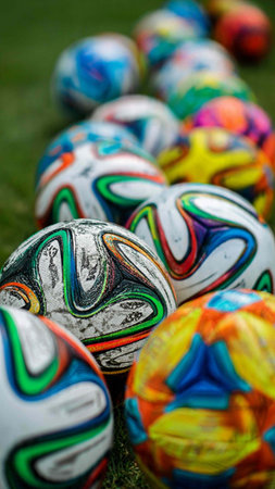 Close up view of a group of colorful soccer balls on grass.