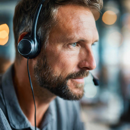 Portrait of a customer service representative with headset in a call center