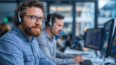 Portrait of smiling call center agent wearing headset while working in office