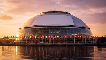 The exterior of a modern building by the water at sunset