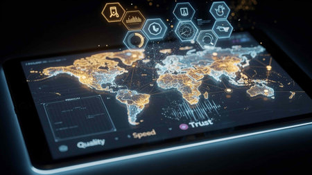 Abstract digital business hologram with world map on smartphone screen 3D rendering