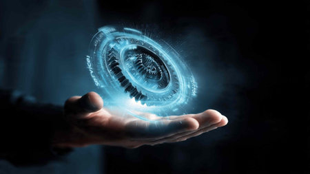 Businessman on dark background touching holographic gear mechanism 3D rendering