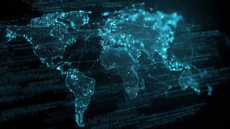 Abstract blue digital world map on dark background. 3D Rendering