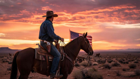 Cowboy on horseback with USA flag in background at sunset.