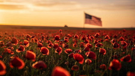 Inspirational quote & motivational background. Poppy field with American flag.