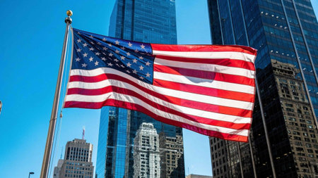 American flag waving in the wind with skyscrapers in the background