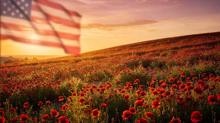 A field of red poppies with an American flag waving in the foreground during sunset, symbolizing remembrance and honor.