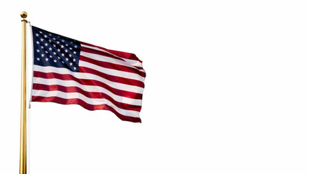 American flag waving on golden pole isolated on white background with clipping path