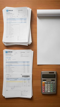 Office desk table with financial reports, calculator, pen and paper.
