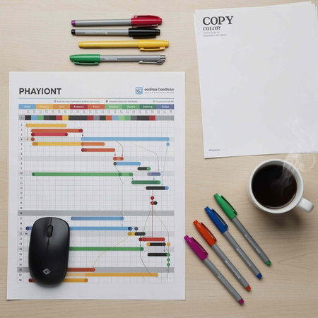 Top view of business workplace with financial reports, coffee cup and computer mouse