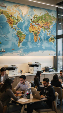 Unidentified people working on laptops in an office setting with a world map in the background.