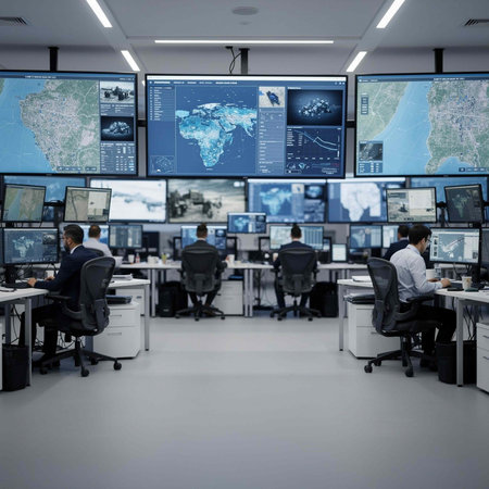 Business people working in modern office and looking at monitors with city map