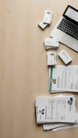 Health insurance claim form with laptop on wooden table. Copy space.
