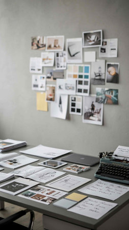 Old typewriter in the office with vintage photos on the wall.