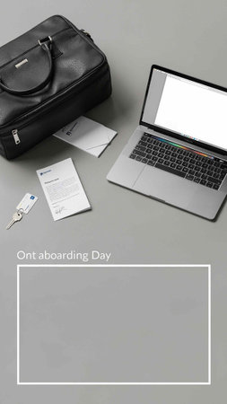 Laptop with blank screen and business accessories on gray background, top view